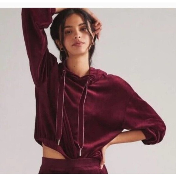 Anthropologie Daily Practice Burgundy Oversized Velour Velvet Hoodie Size L - Picture 1 of 9